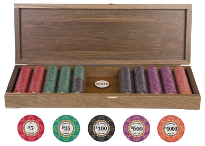 Набор для покера Ceramic VIP 500 фишек, морёный дуб Номиналы 5, 25, 100, 500 и 1000
Сумма номиналов = 116125